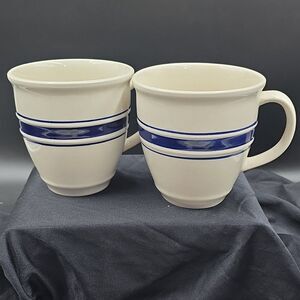 COUNTRY CROCK STONEWARE Coffee Tea Mugs Cups 16 Oz Farmhouse Blue Stripe VTG (2)